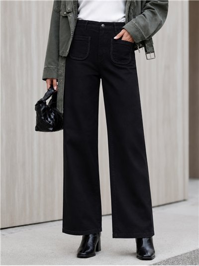 Calça jeans de perna larga com bolsos trançados