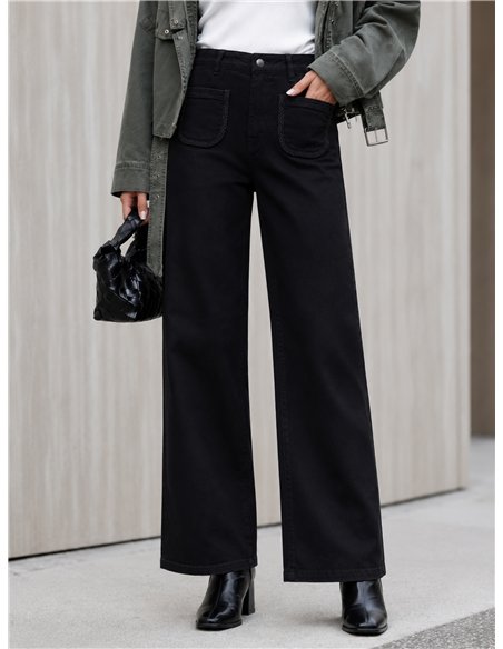 Calça jeans de perna larga com bolsos trançados