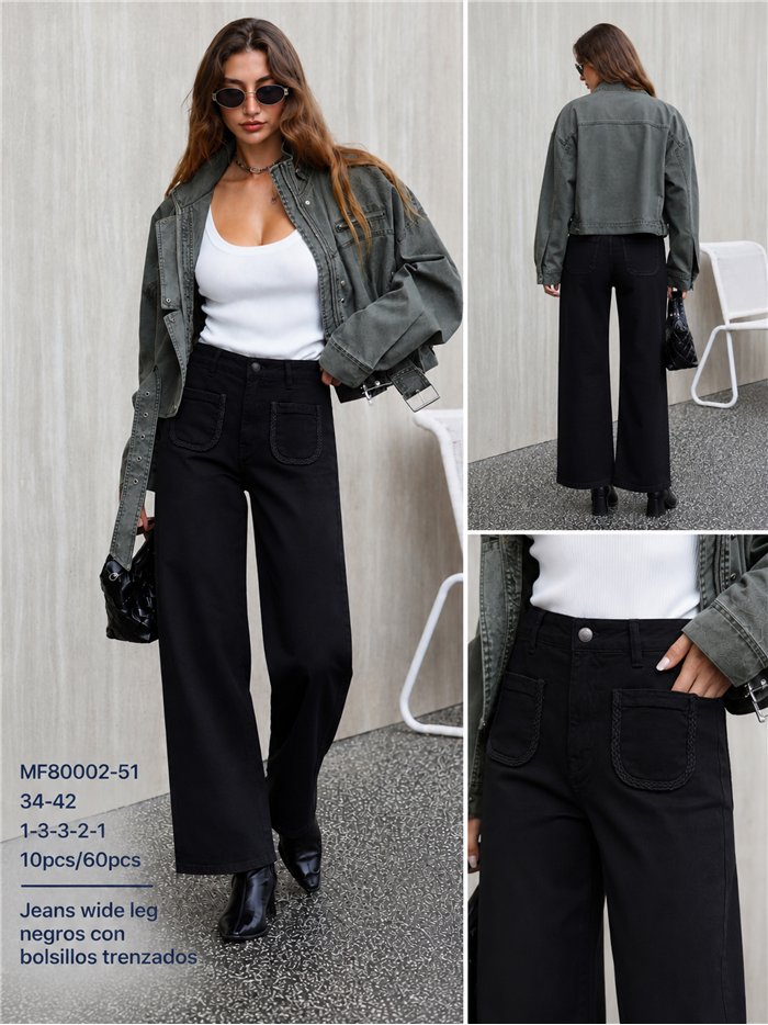 Calça jeans de perna larga com bolsos trançados