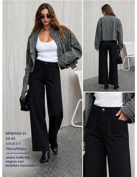 Calça jeans de perna larga com bolsos trançados
