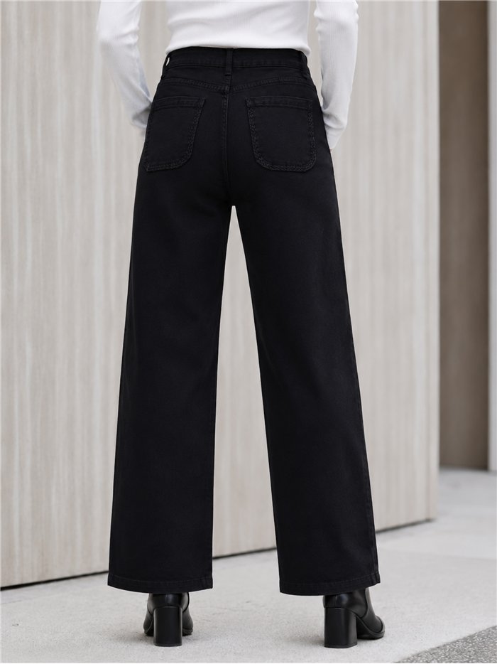 Calça jeans de perna larga com bolsos trançados