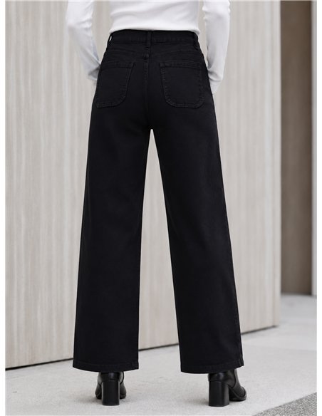 Calça jeans de perna larga com bolsos trançados