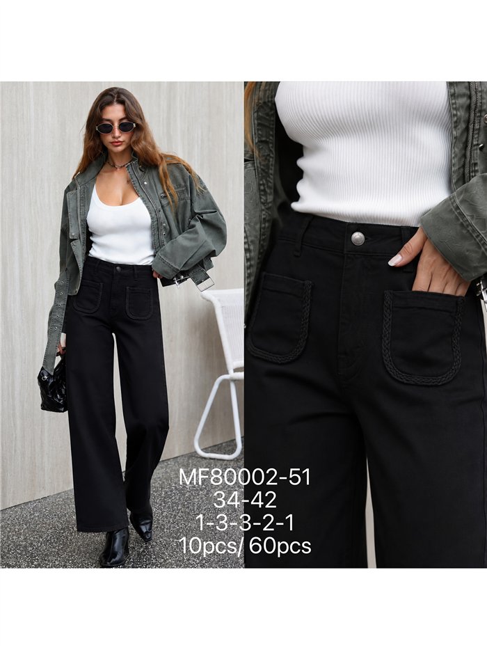 Calça jeans de perna larga com bolsos trançados