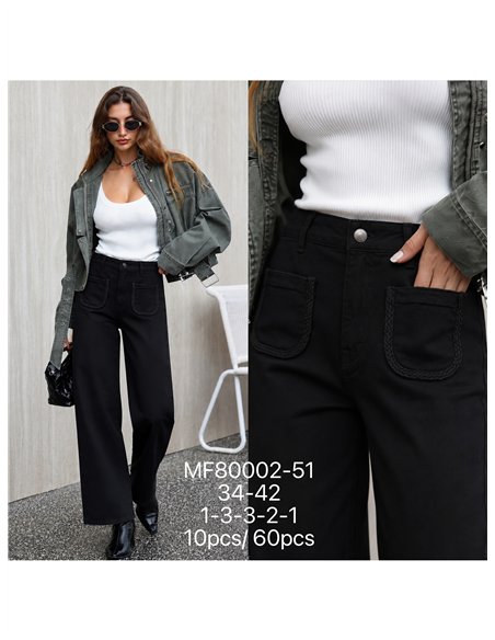 Calça jeans de perna larga com bolsos trançados