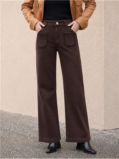 Calça jeans de perna larga com bolsos trançados
