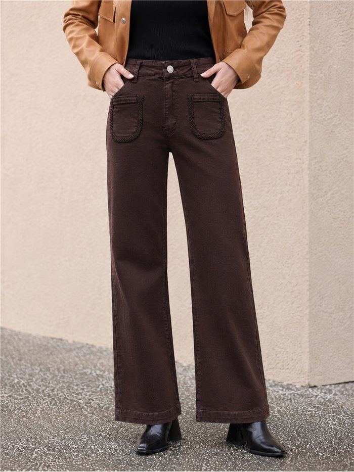 Calça jeans de perna larga com bolsos trançados