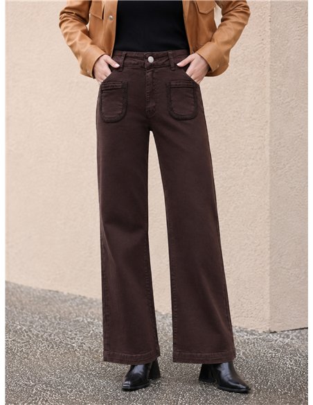 Calça jeans de perna larga com bolsos trançados