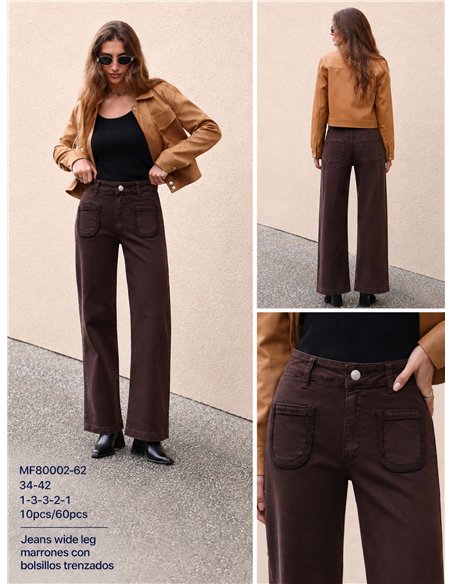 Calça jeans de perna larga com bolsos trançados