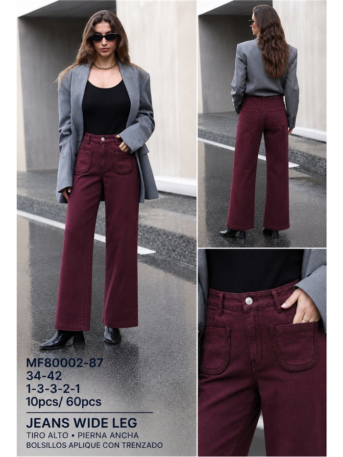 Calça jeans de perna larga com bolsos trançados