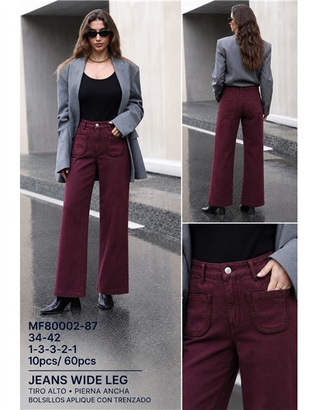 Calça jeans de perna larga com bolsos trançados
