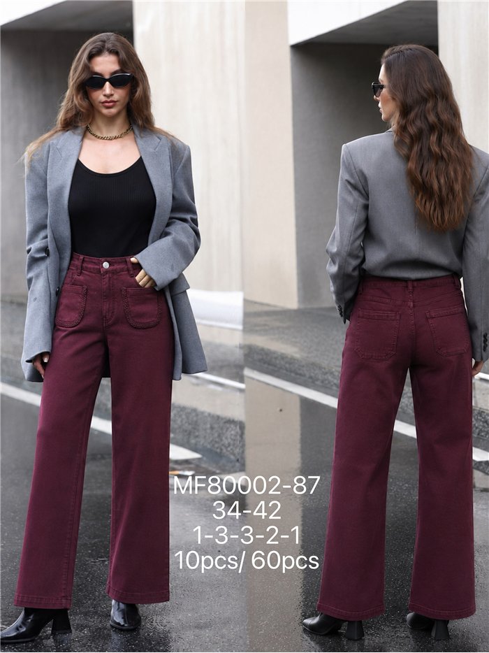 Calça jeans de perna larga com bolsos trançados