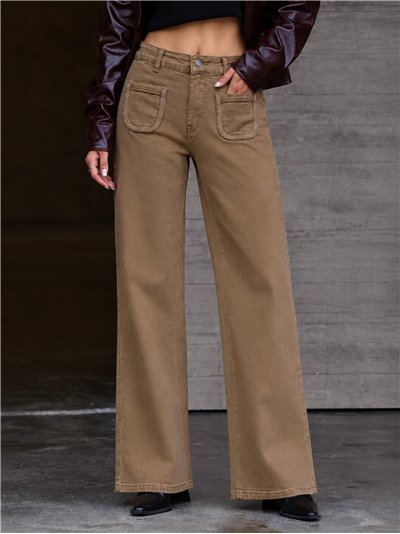 Calça jeans de perna larga com bolsos trançados