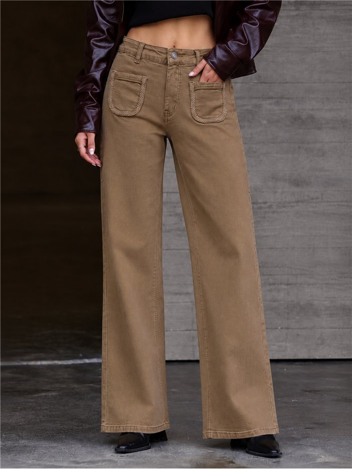 Calça jeans de perna larga com bolsos trançados