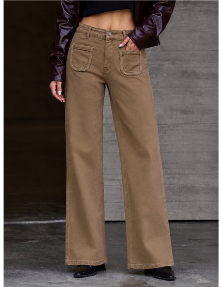 Calça jeans de perna larga com bolsos trançados
