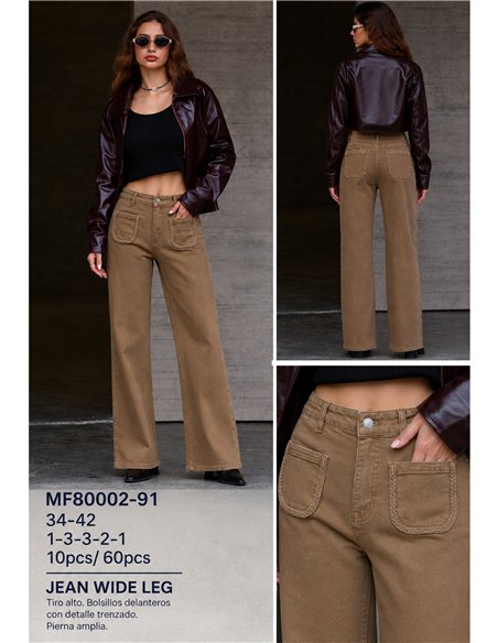 Calça jeans de perna larga com bolsos trançados