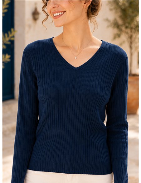 Jersey canalé cuello pico