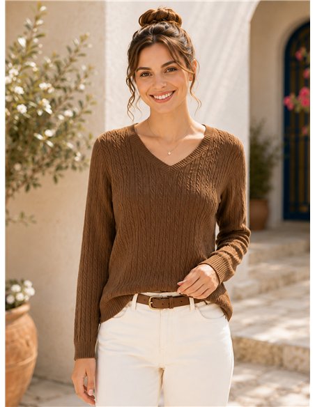 Jersey de punto trenzado cuello pico