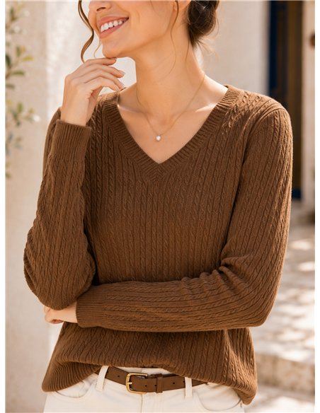 Jersey de punto trenzado cuello pico