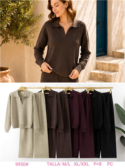 Conjunto jersey liso cuello polo y pantalón wide leg 2