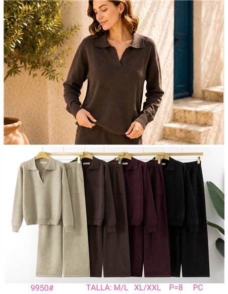 Conjunto jersey liso cuello polo y pantalón wide leg