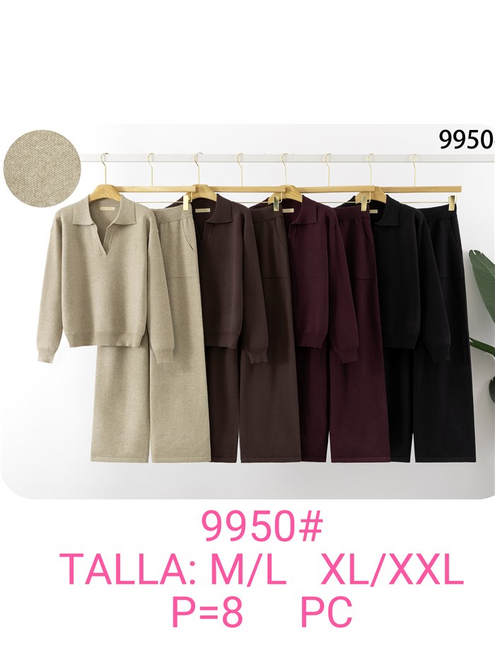 Conjunto jersey liso cuello polo y pantalón wide leg