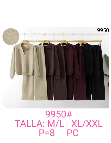 Conjunto jersey liso cuello polo y pantalón wide leg