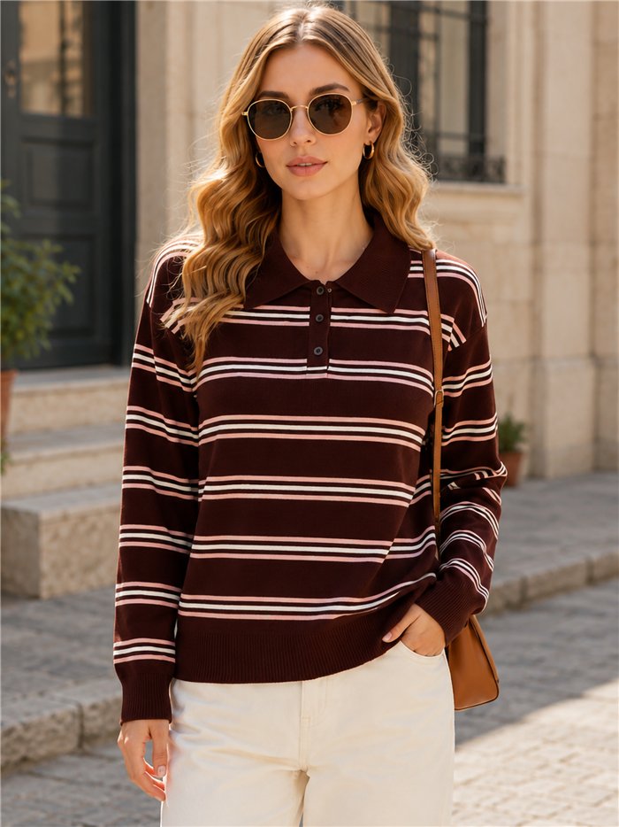 Contrast stripe knit polo sweater