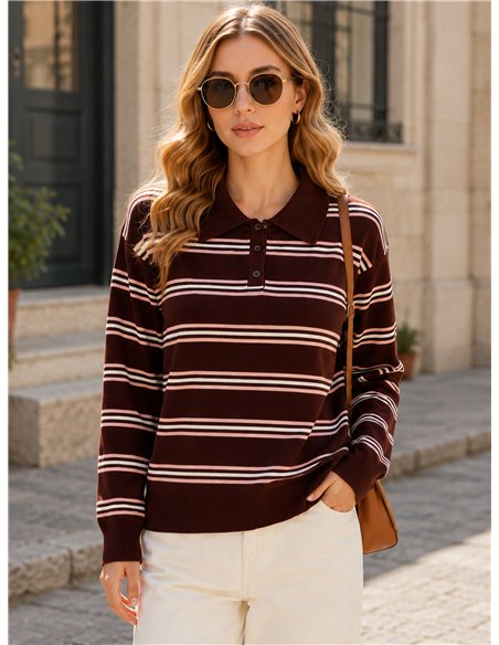 Contrast stripe knit polo sweater