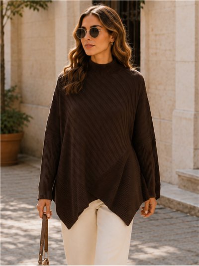 Oversized mock neck asymmetric rib sweater