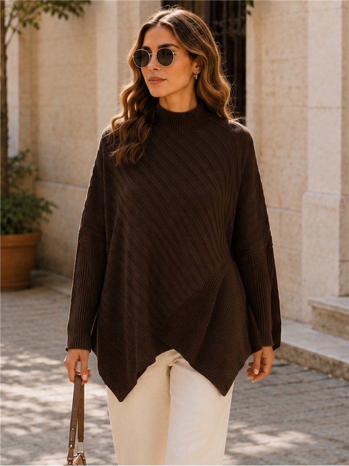 Oversized mock neck asymmetric rib sweater