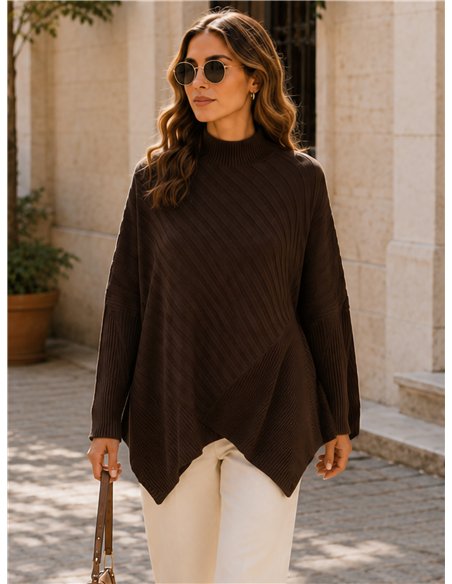 Oversized mock neck asymmetric rib sweater