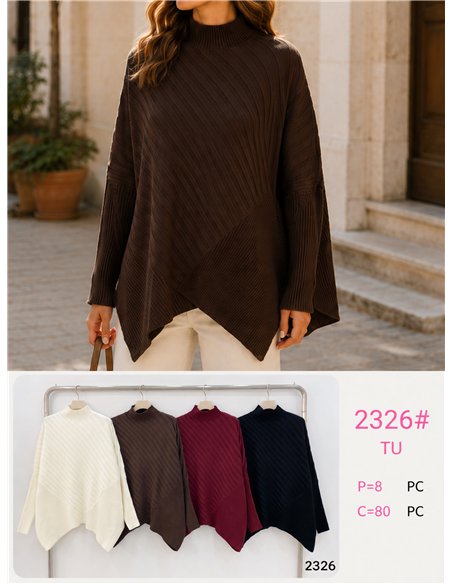 Oversized mock neck asymmetric rib sweater
