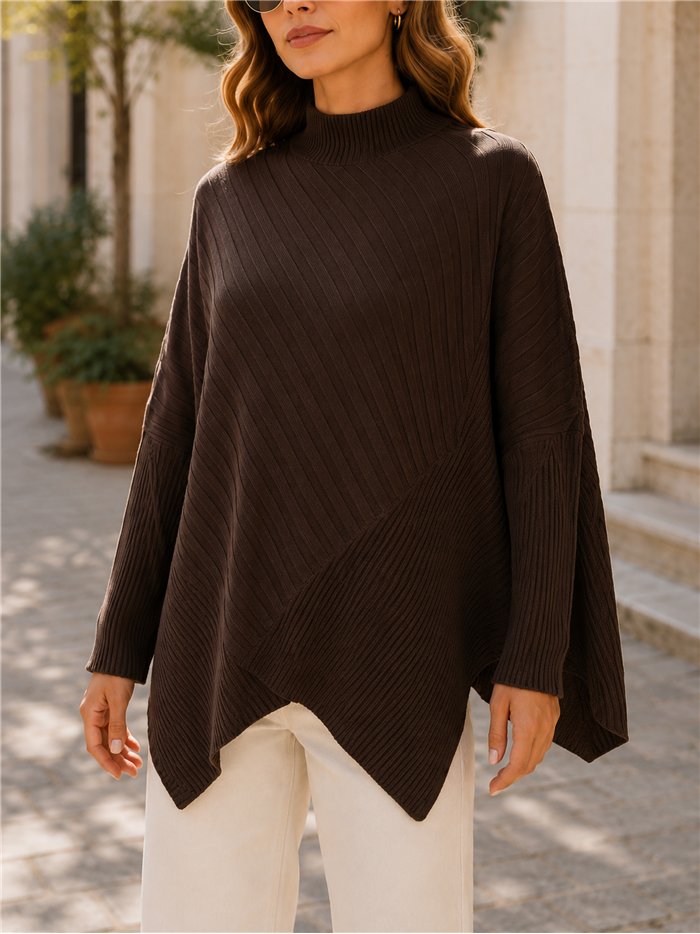 Oversized mock neck asymmetric rib sweater