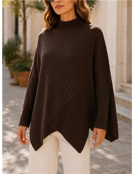 Oversized mock neck asymmetric rib sweater