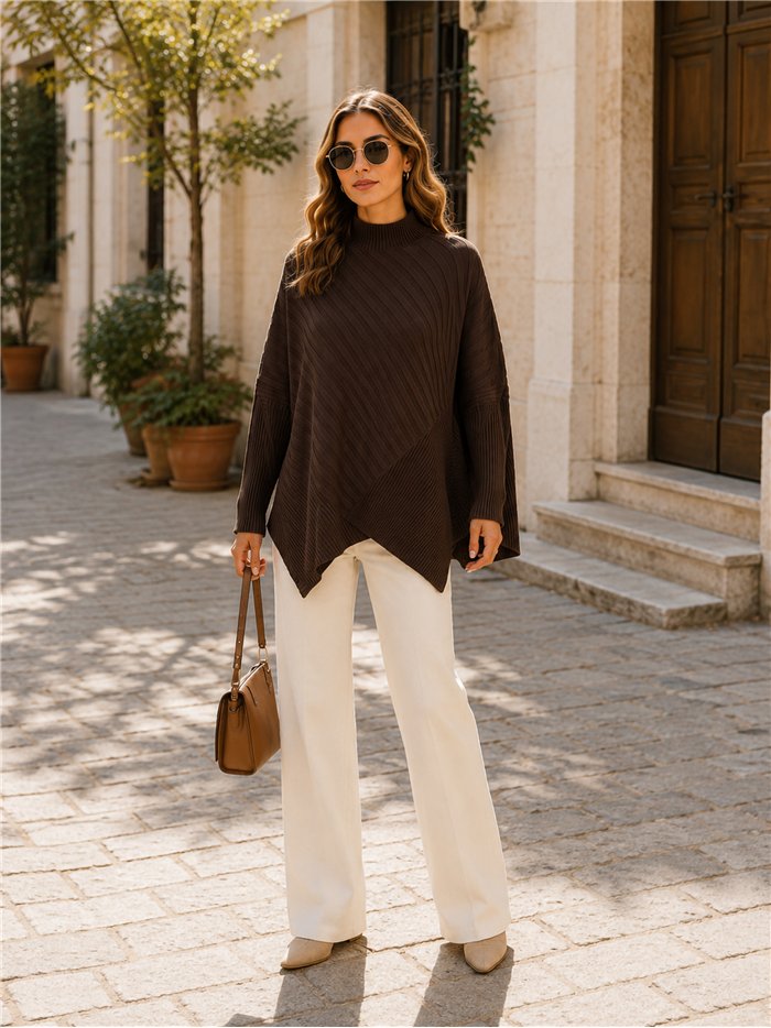 Oversized mock neck asymmetric rib sweater