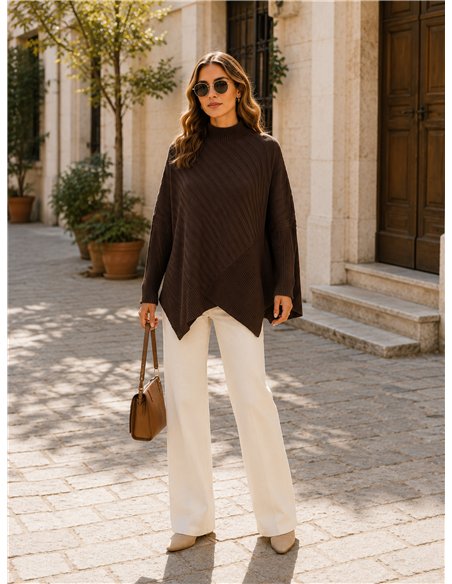 Oversized mock neck asymmetric rib sweater