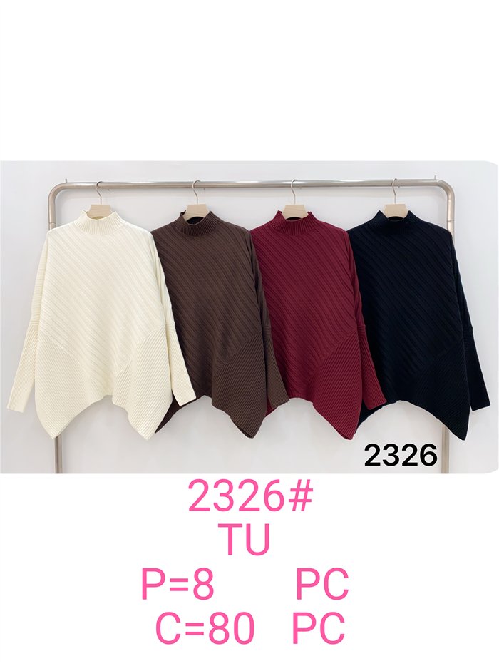 Oversized mock neck asymmetric rib sweater