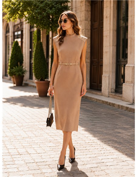 Vestido midi de punto detalle trenzado con cinturón