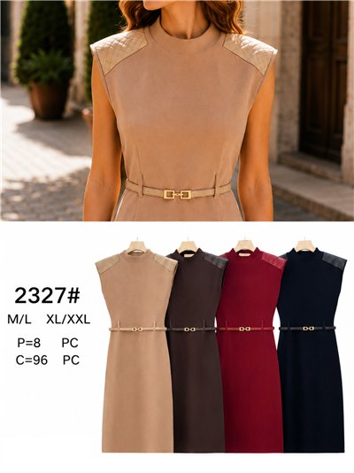 Belted knit midi dress with shoulder detail 2