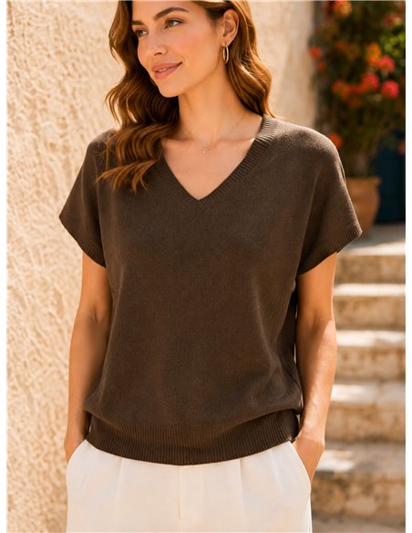 Pull à manches courtes et col en V