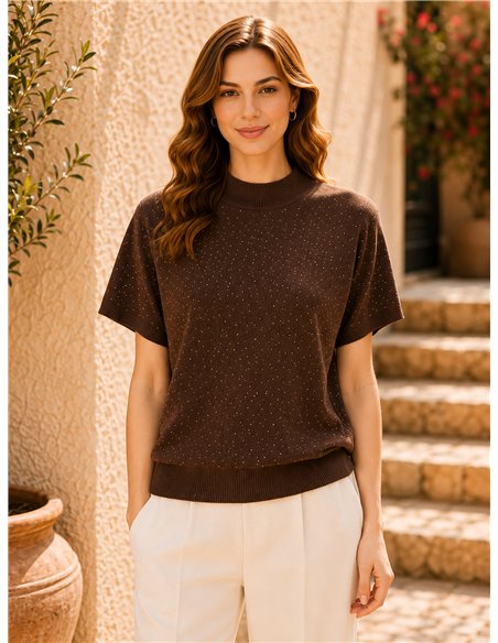 Jersey manga corta cuello subido con strass