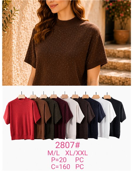 Jersey manga corta cuello subido con strass