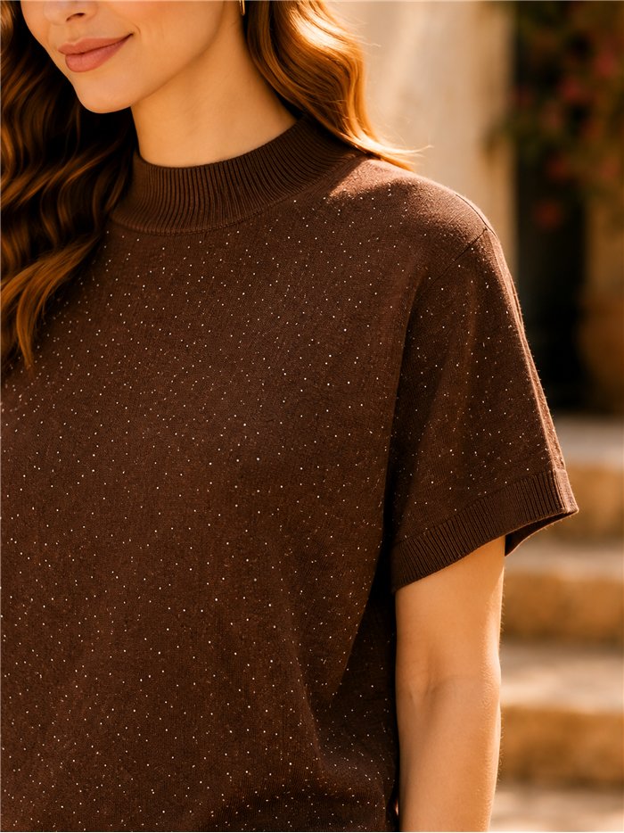 Jersey manga corta cuello subido con strass