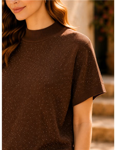 Jersey manga corta cuello subido con strass
