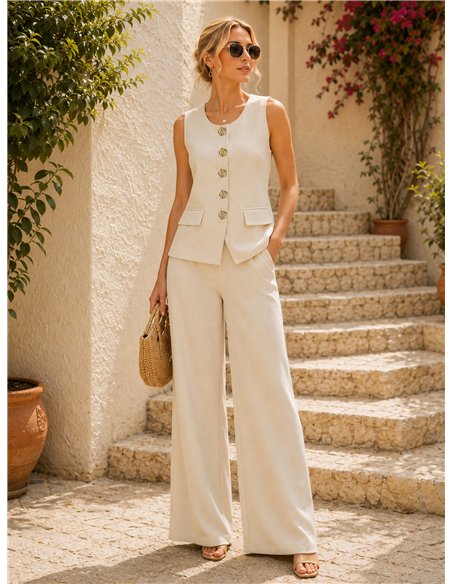 Conjunto chaleco de punto con botones flor y pantalón wide leg