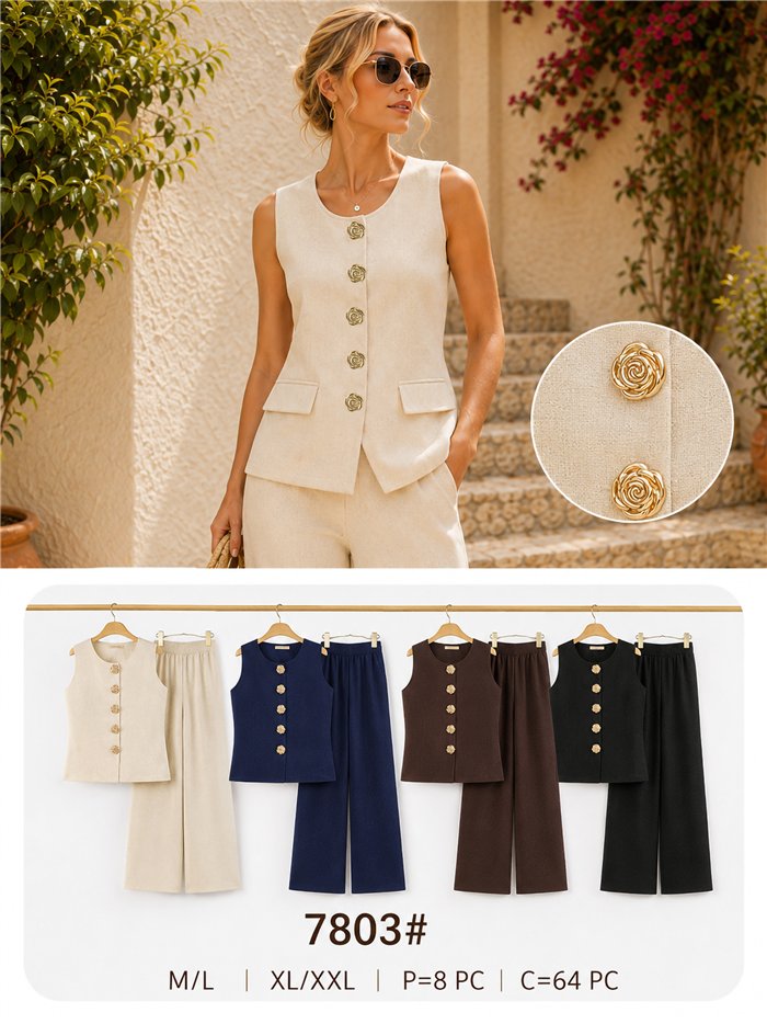 Conjunto chaleco de punto con botones flor y pantalón wide leg