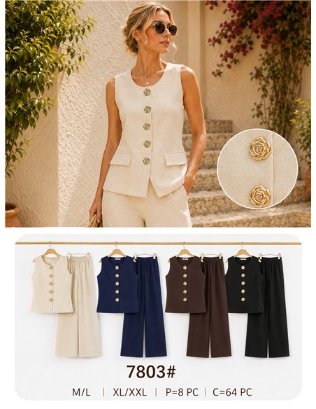 Conjunto chaleco de punto con botones flor y pantalón wide leg