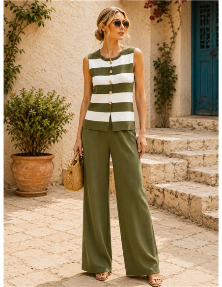 Conjunto chaleco de punto rayas y pantalón wide leg