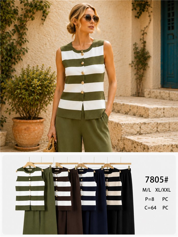 Conjunto chaleco de punto rayas y pantalón wide leg