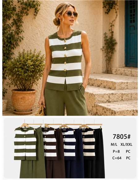 Conjunto chaleco de punto rayas y pantalón wide leg